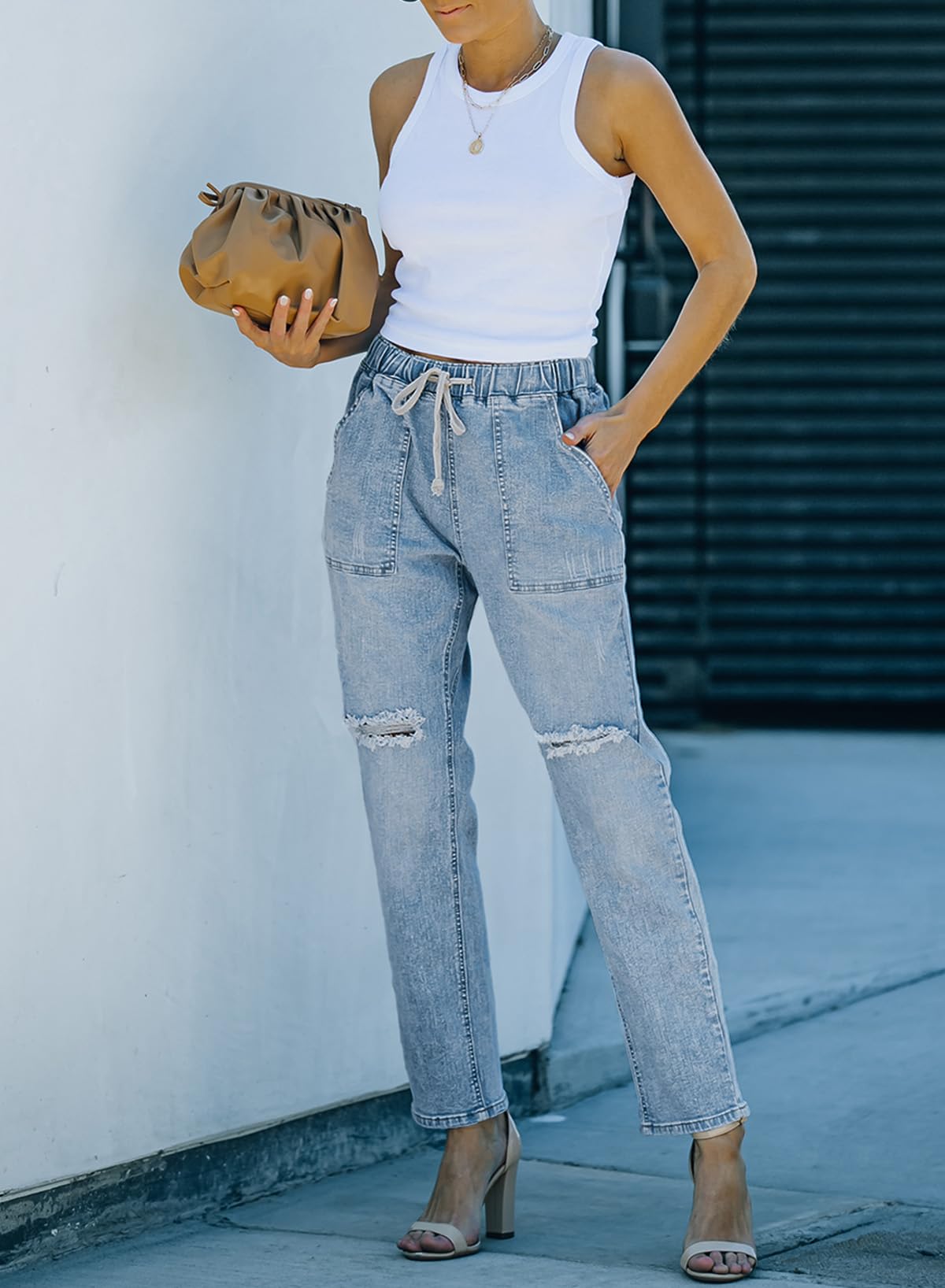 Drawstring Waist Distressed Straight Leg Jeans