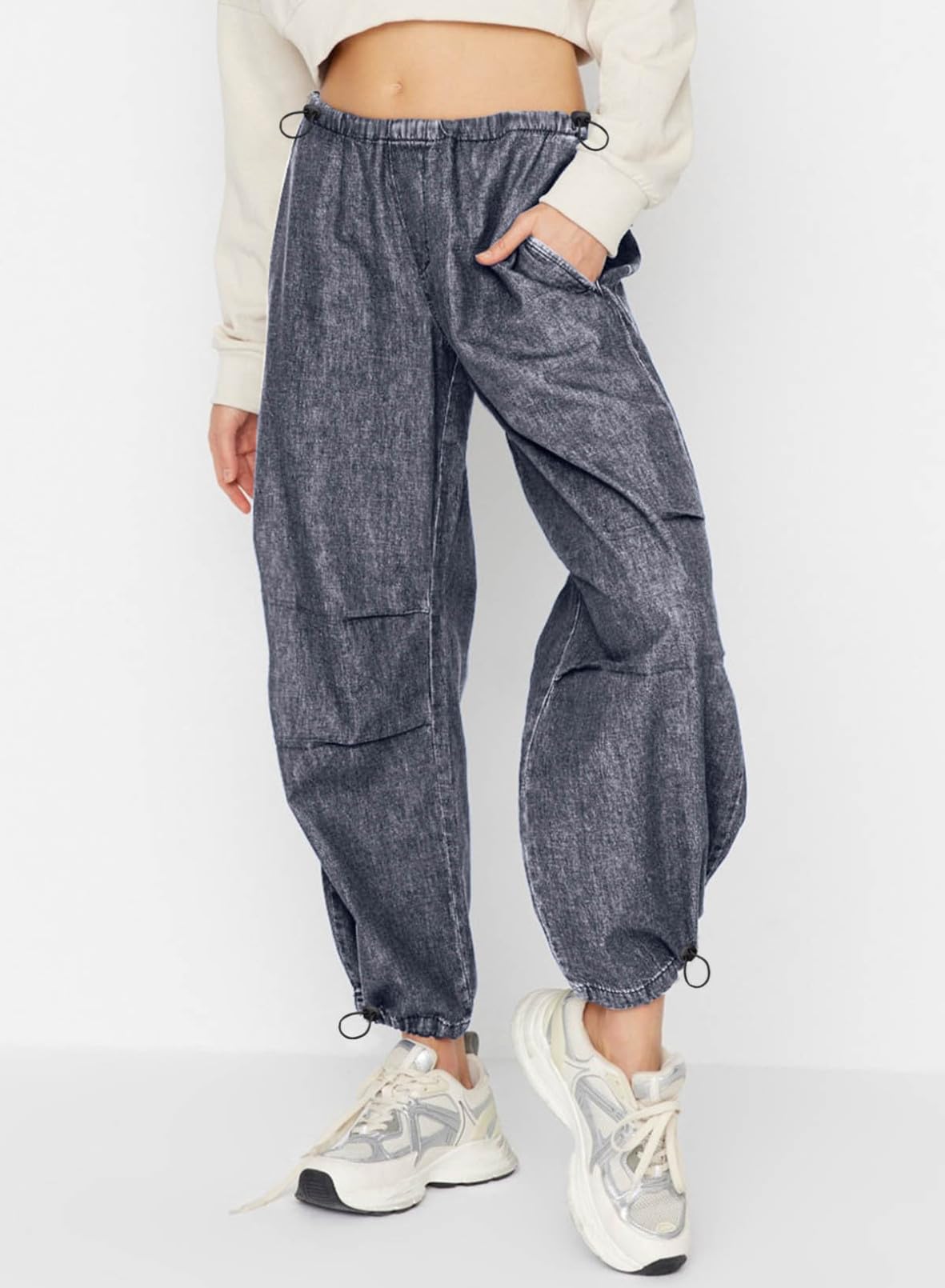 Washed Elastic Waist Barrel Leg Denim Jogger Pants
