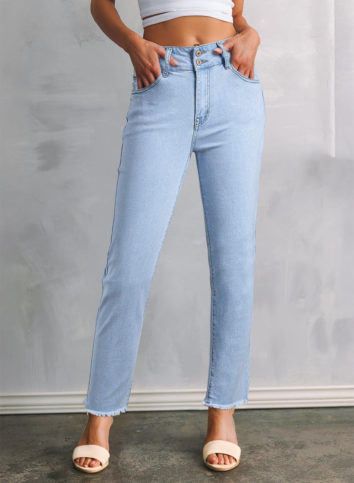 Triple-Button Raw Hem Slim Straight Jeans