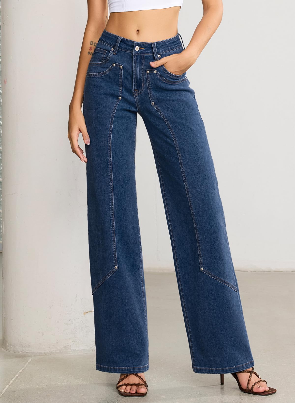 Dark high waisted color blocked slim fit jeans