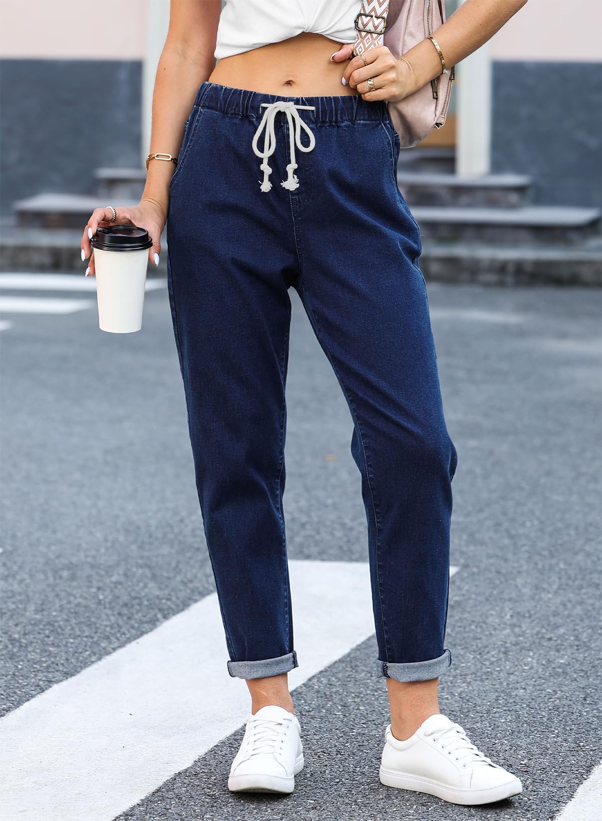 Dark Blue Drawstring Elastic Waist Cuffed Tapered Jeans