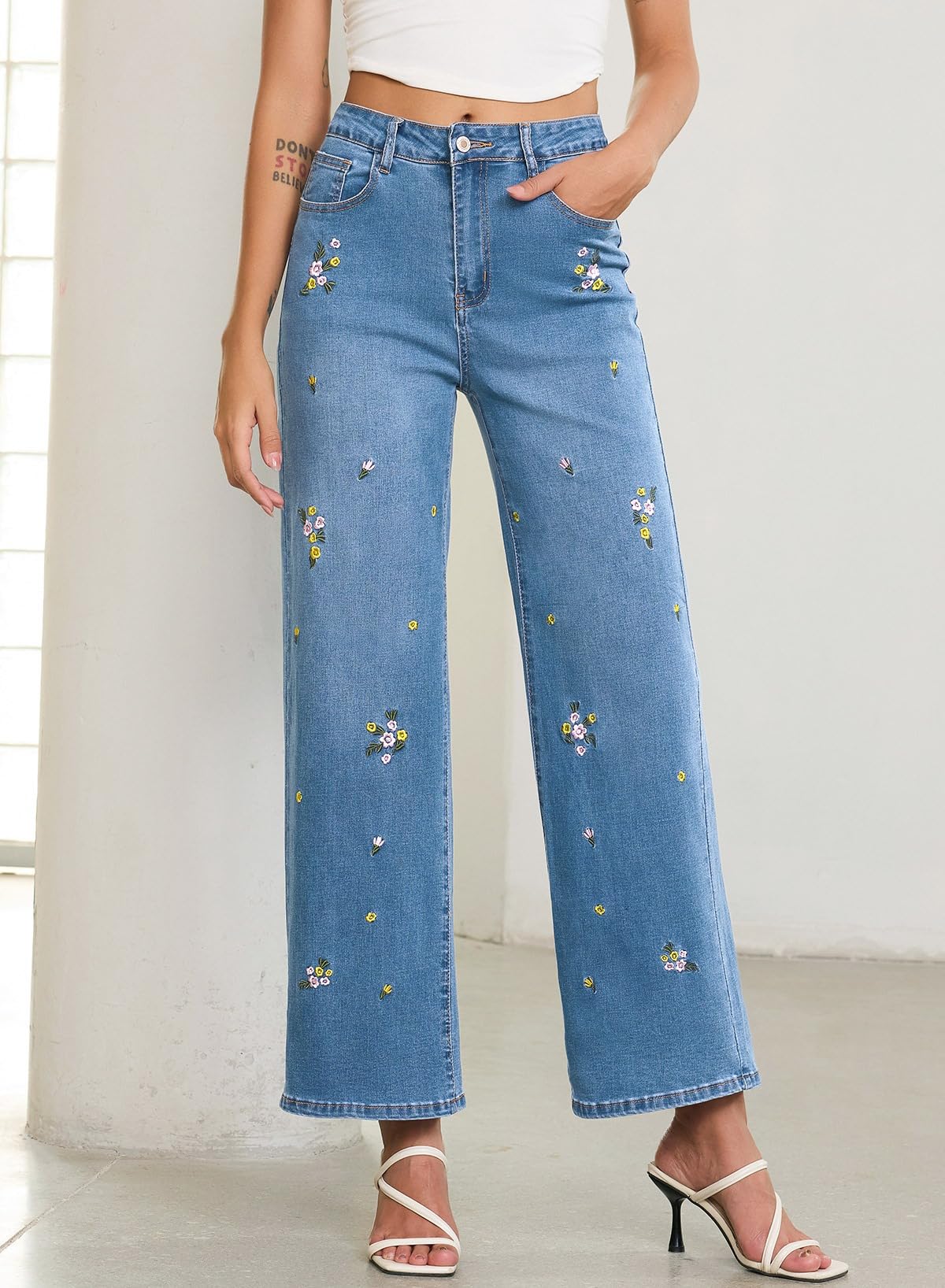 Embroidered Pearl Embellished Wide Leg Jeans