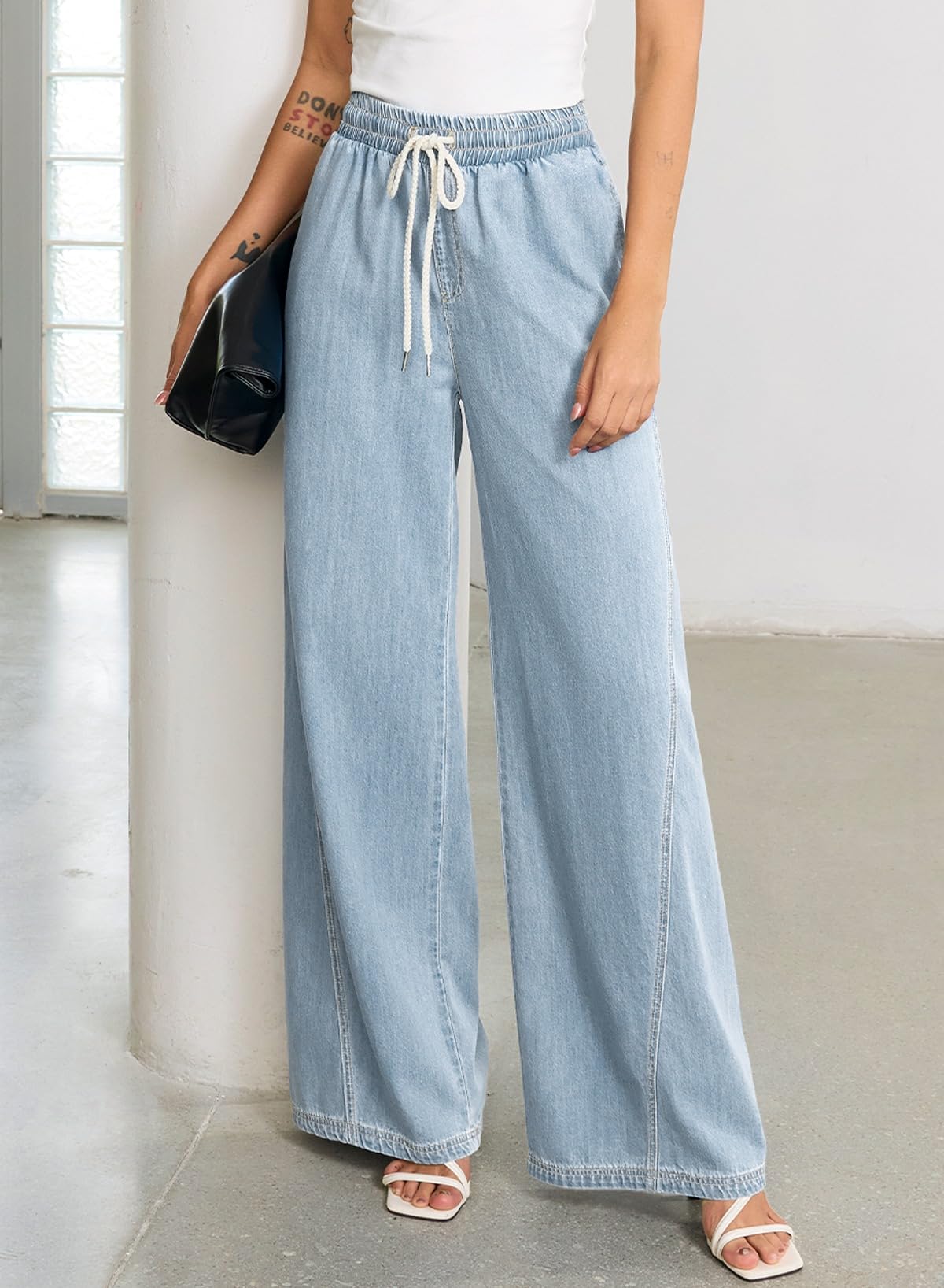 Light Blue Drawstring Elastic Waist Wide Leg Pants