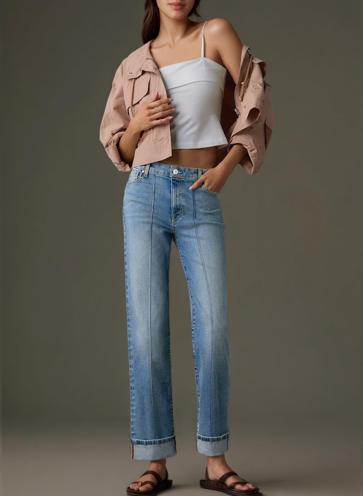 Waisted Front Seam Cuffed Wide Leg Jeans