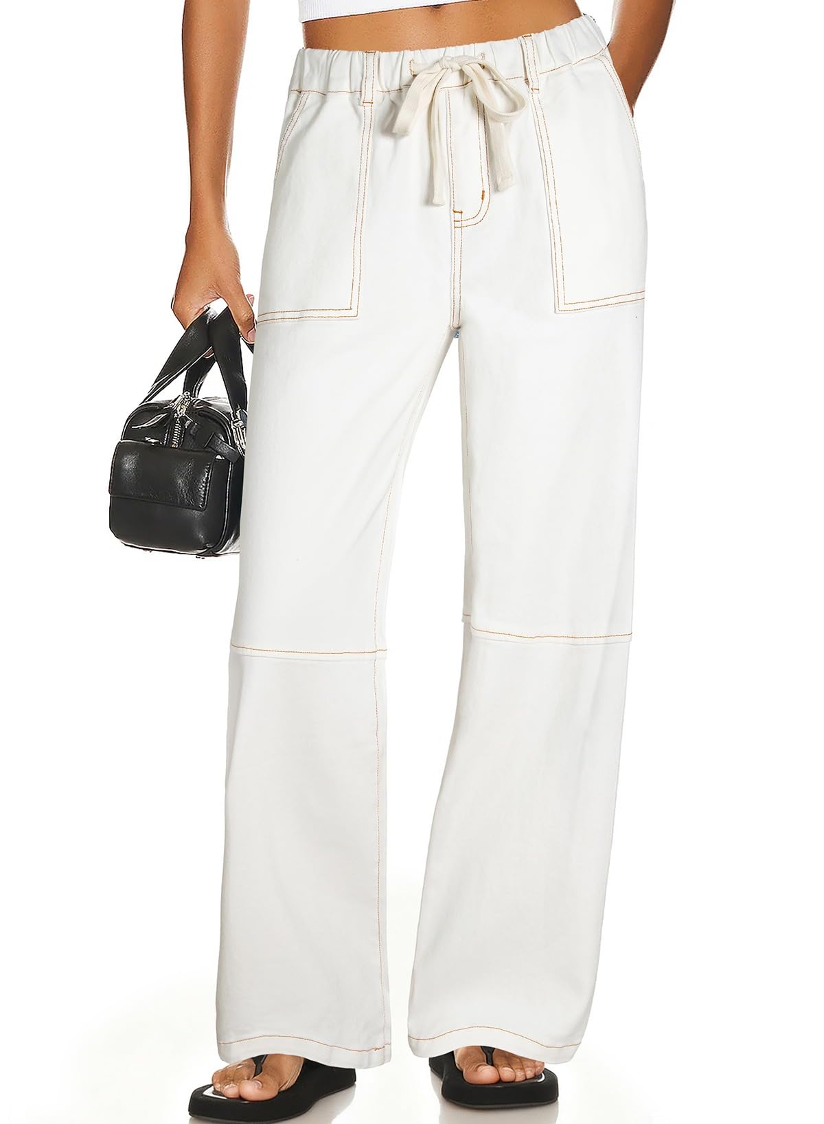Cream Drawstring Waist Contrast Stitch Wide Leg Pants