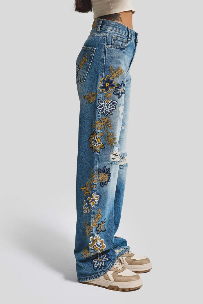 Women’s Distressed Floral Embroidered Jeans - Image 2
