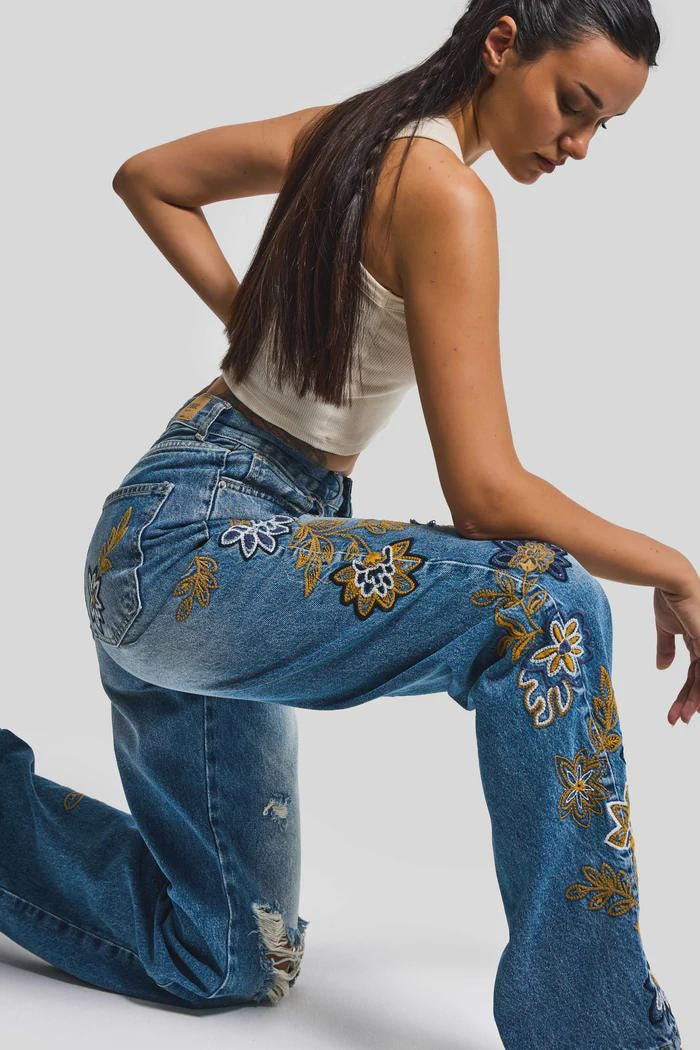 Women’s Distressed Floral Embroidered Jeans - Image 5