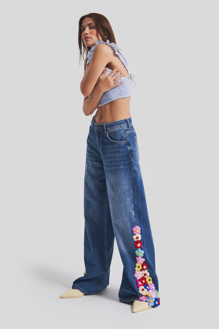 Women’s Dark Wash 3D Floral Appliqué Jeans - Image 4