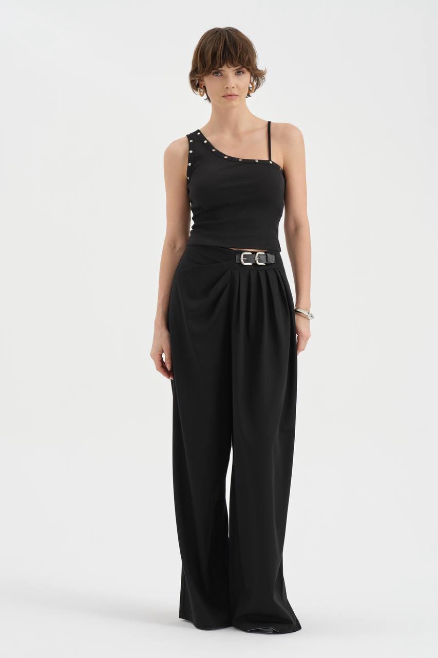 Women’s Black Pleated Wide Leg Trousers - Image 2