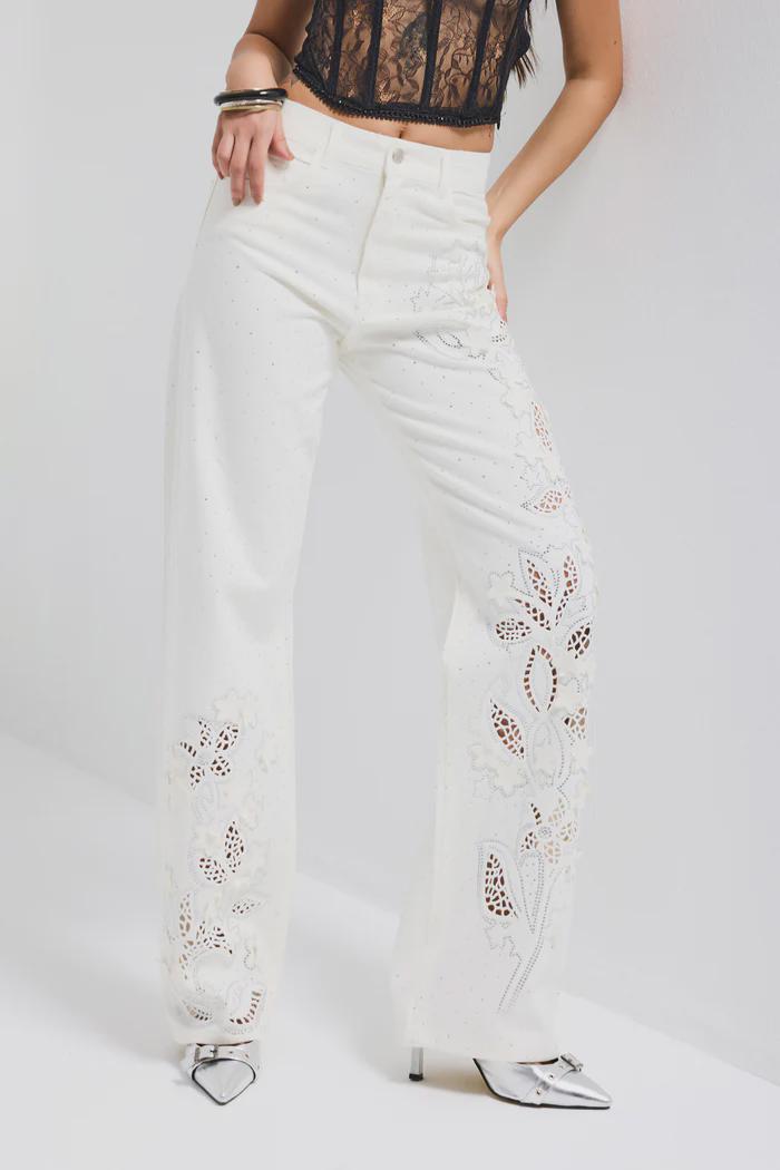 Women’s White Floral Cutwork Jeans - Image 2