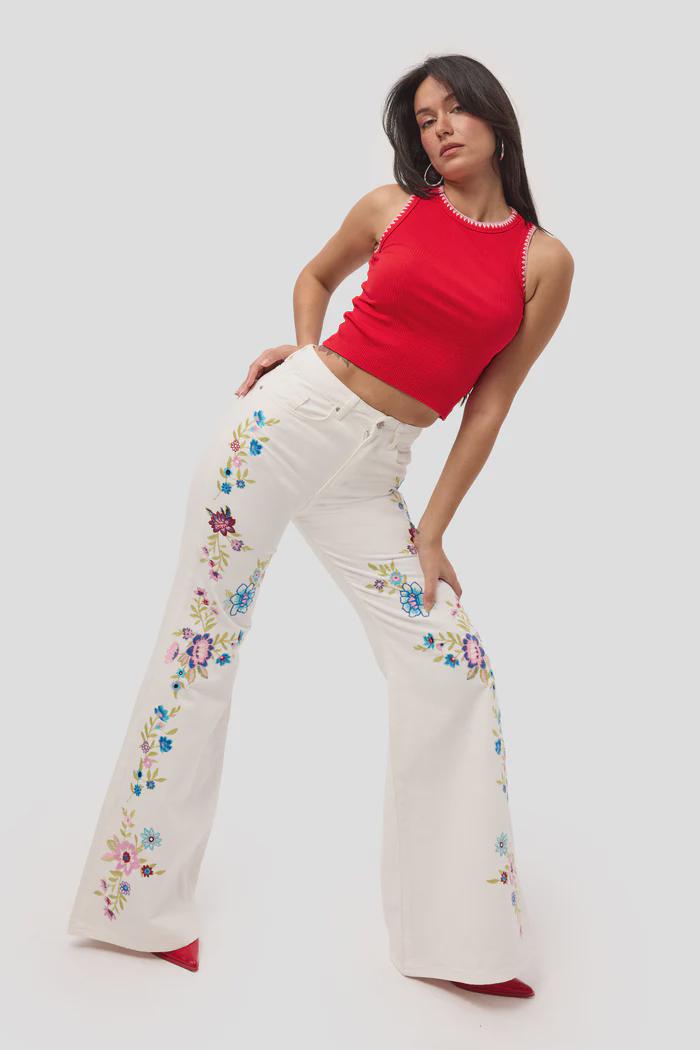 Women’s White Floral Embroidered Flare Jeans - Image 2