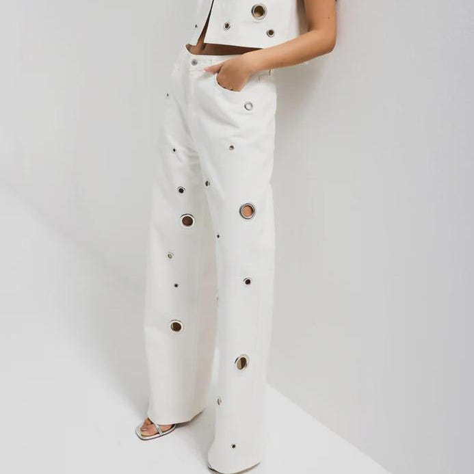 Women’s White Grommet Wide Leg Jeans - Image 4