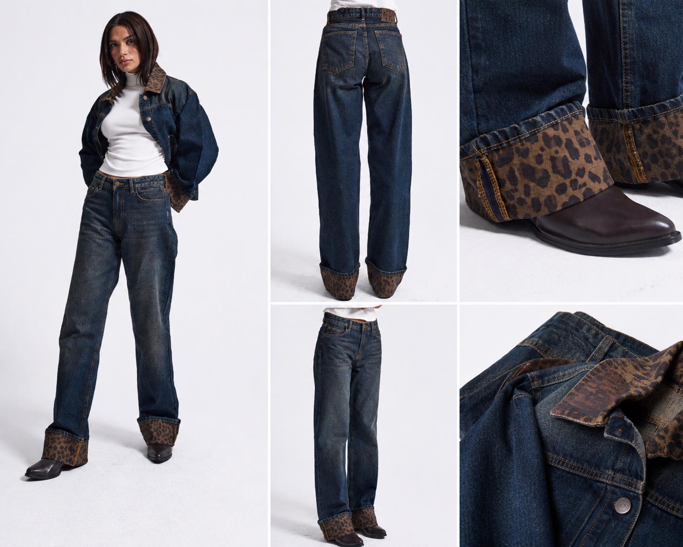 Women’s Dark Wash Leopard Cuff Jeans - Image 2