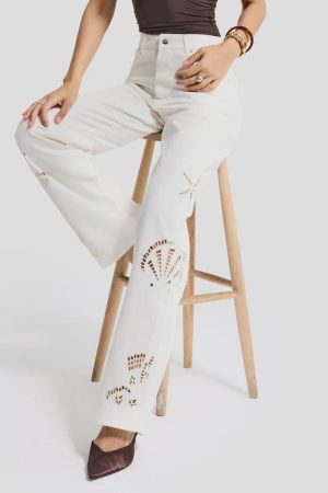 Women’s White Butterfly Cutwork Pants